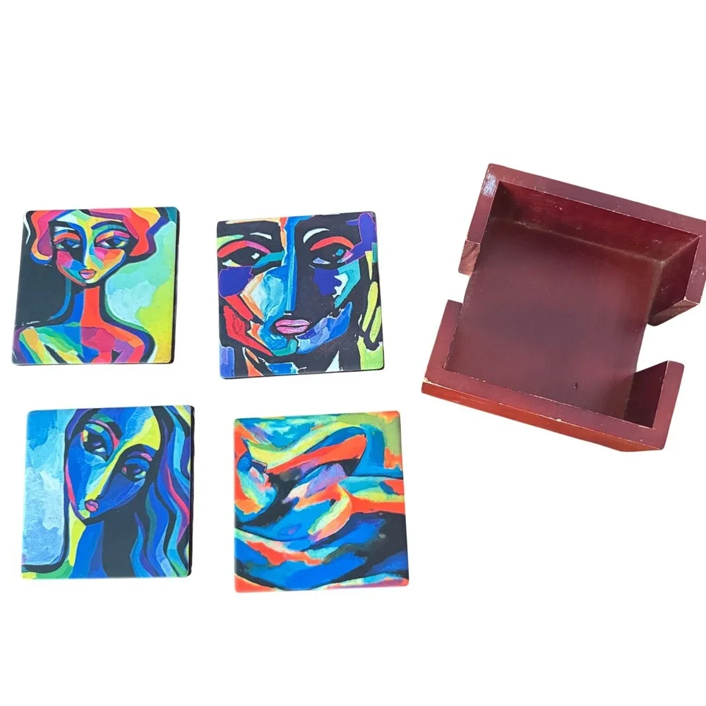 Martina Shapiro Art‎ Ceramic Portrait Coaster Set of 4 with Wood Holder4